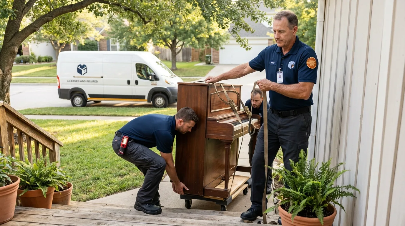 Licensed piano movers securing grand piano in Blythewood, SC