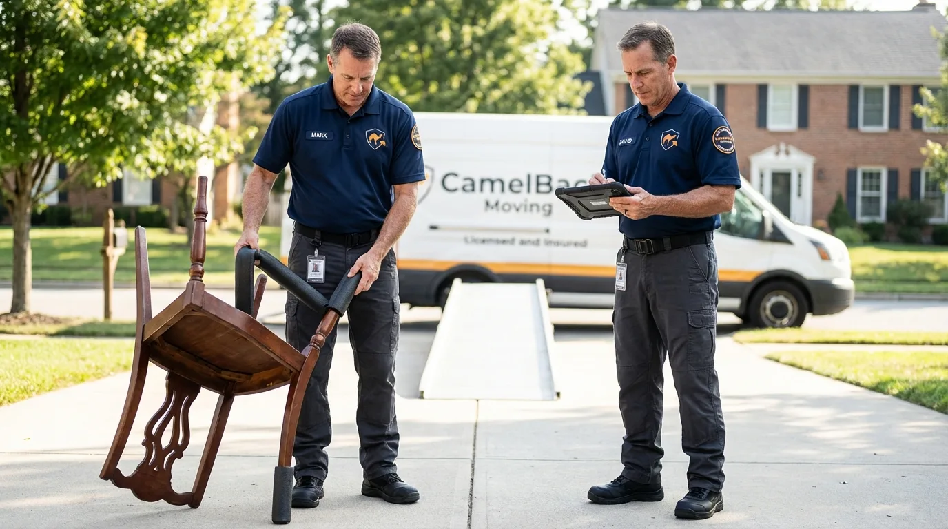 Movers inspecting furniture for damage prevention before loading in Blythewood, SC